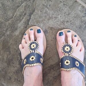 Jack Rogers Black and Gold Embellished Leather  Wedge Sandals